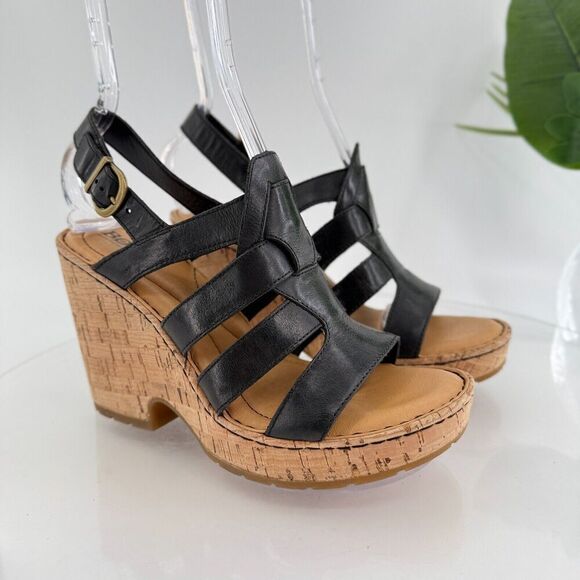 Born Bernese Womens Sandal Size 9 Black Leather Wedge Heel Open Toe Retro Caged - Picture 1 of 16